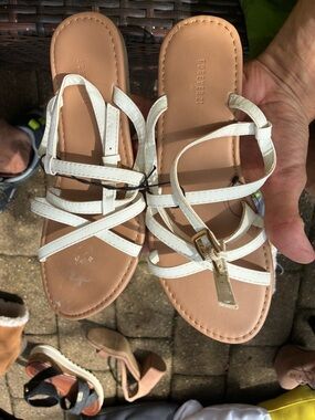 Forever 21 White Strappy Sandals with Gold Buckle